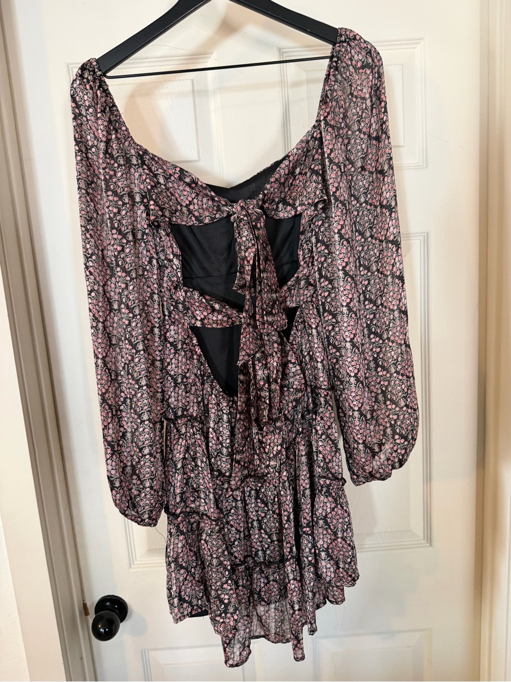 Altar'd State Black Mini Dress with Pink Floral Ruffle Tiers Sz M - Picture 4 of 7